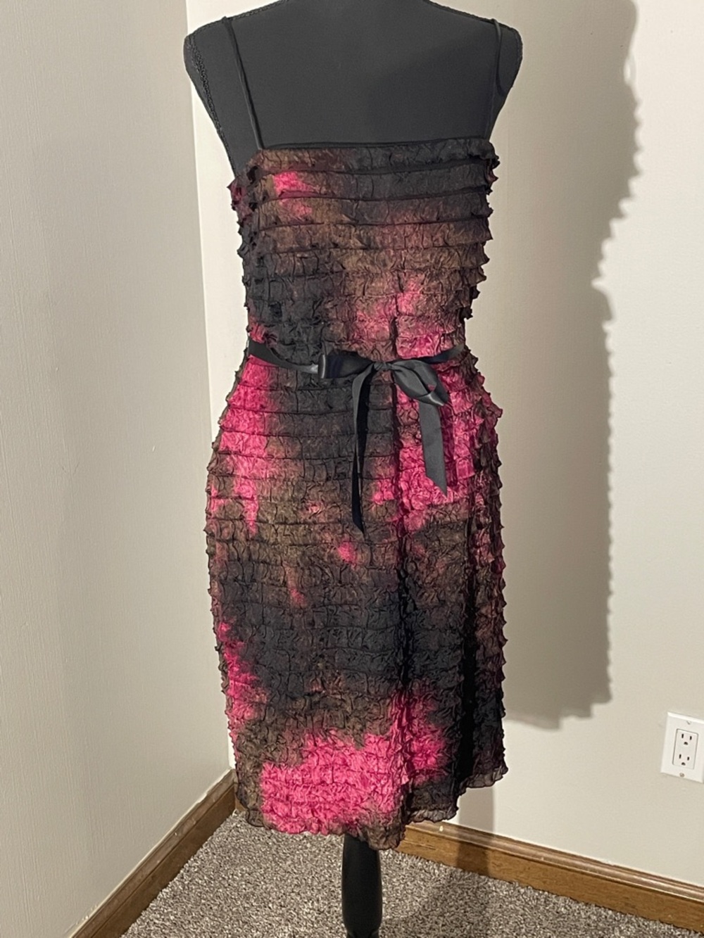 JS Collections Black & Pink spaghetti strap Ruffle Dress with Waist Tie